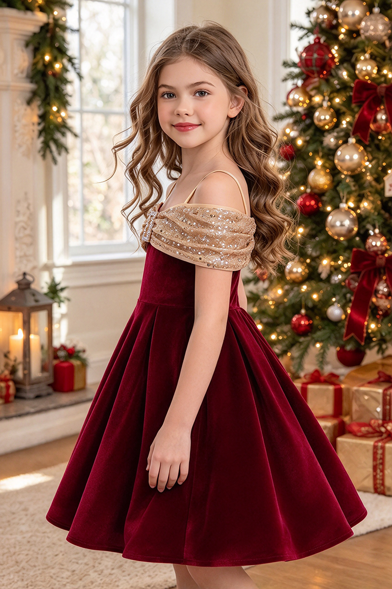Girls Burgundy Velvet Party Dress with Sequin Off Shoulder