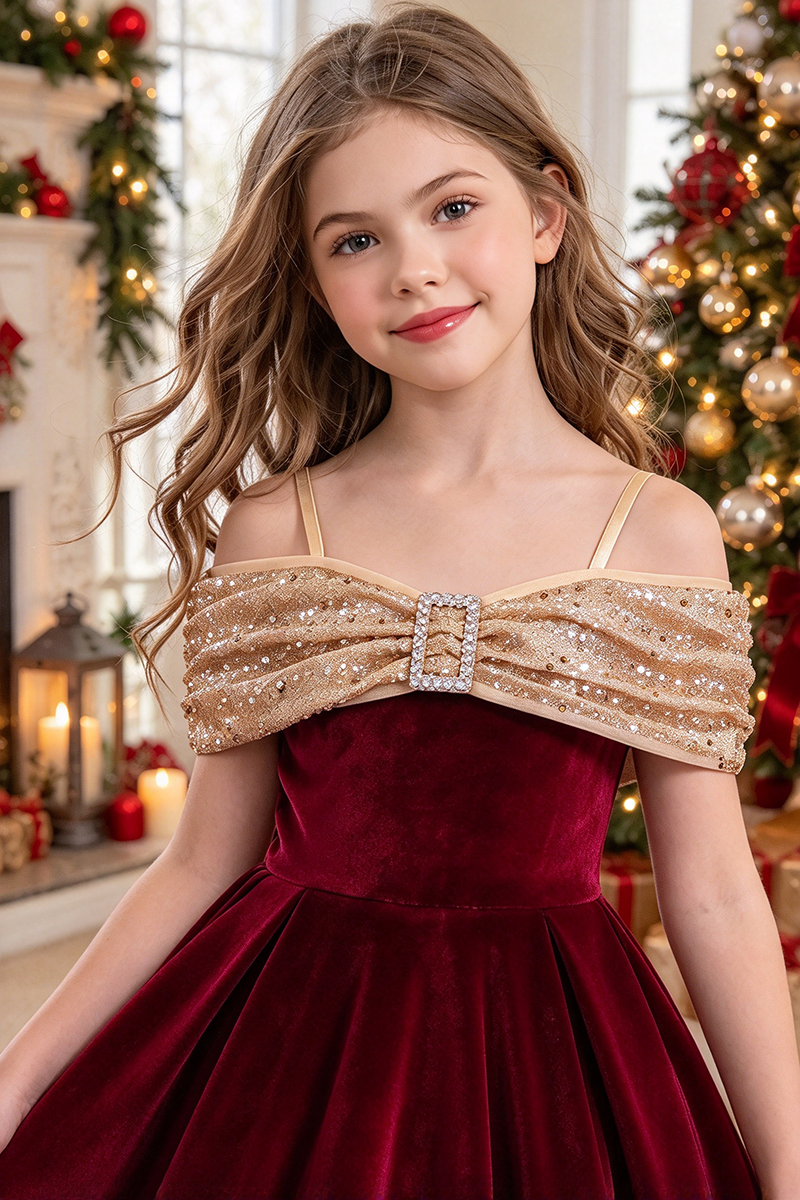 Girls Burgundy Velvet Party Dress with Sequin Off Shoulder