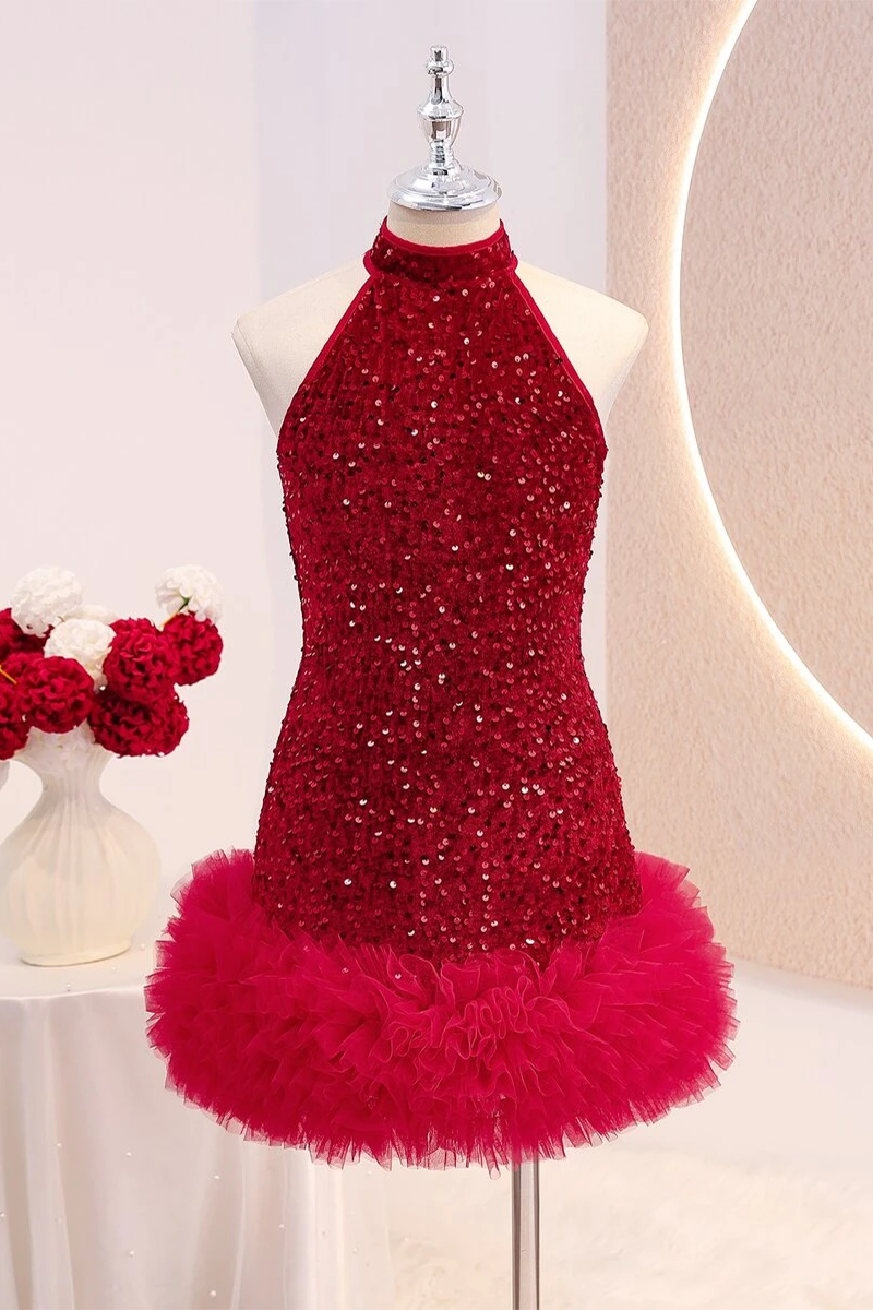 Girls Burgundy Sequin Halter Dress