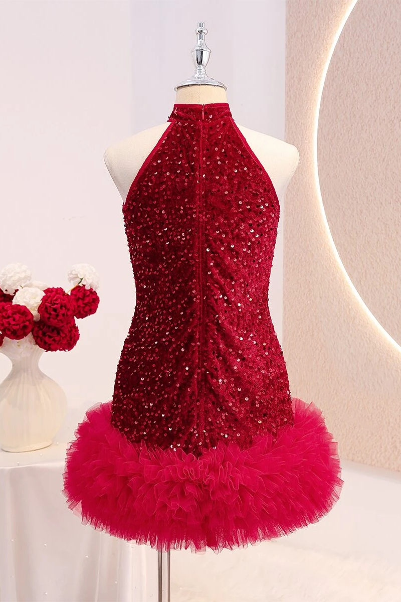 Girls Burgundy Sequin Halter Dress