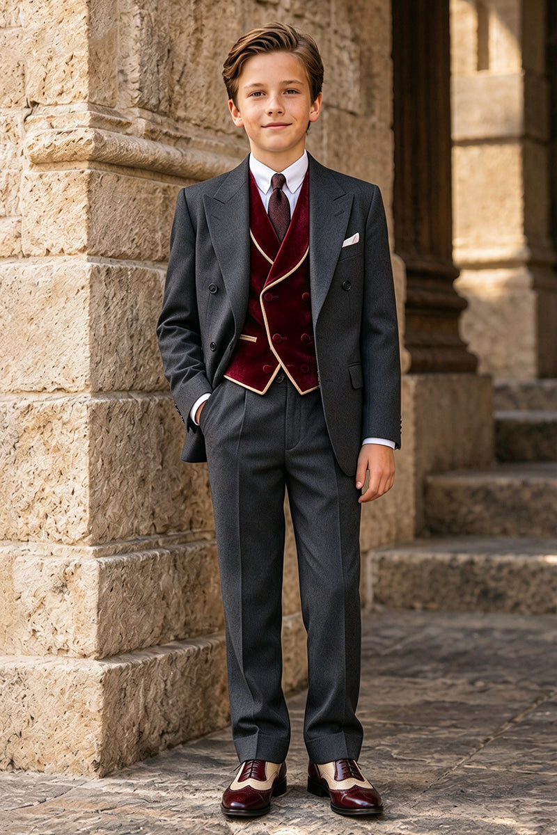Boys Grey with Burgundy Velvet Waistcoat 3-Piece Suit Set