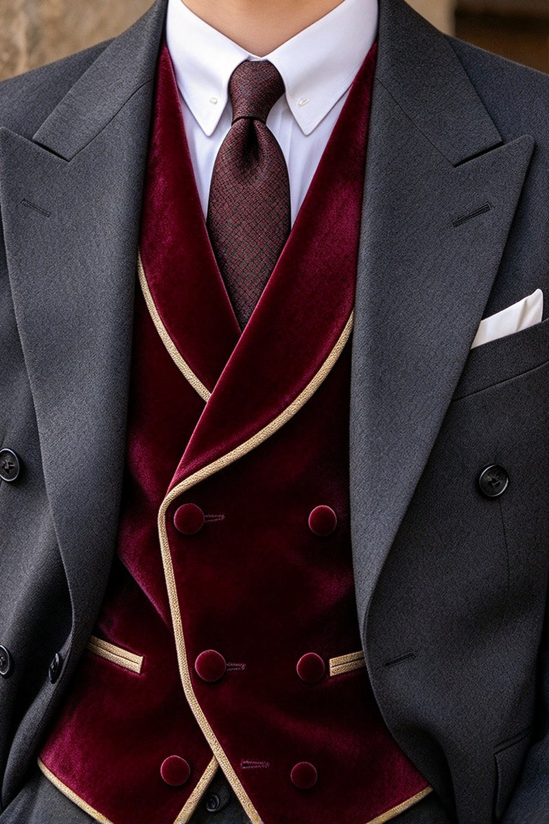 Boys Grey with Burgundy Velvet Waistcoat 3-Piece Suit Set