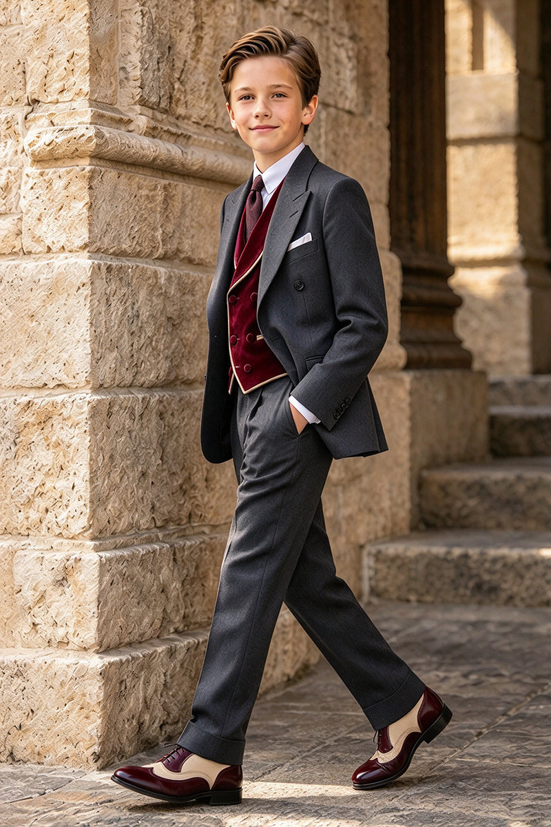 Boys Grey with Burgundy Velvet Waistcoat 3-Piece Suit Set