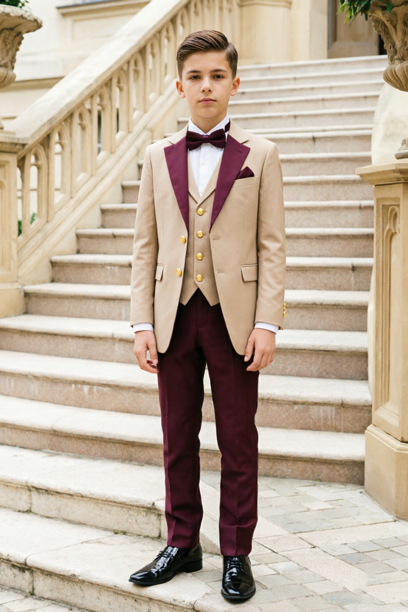 Beige & Burgundy Lapel Boys Tuxedo 3-Piece Suit