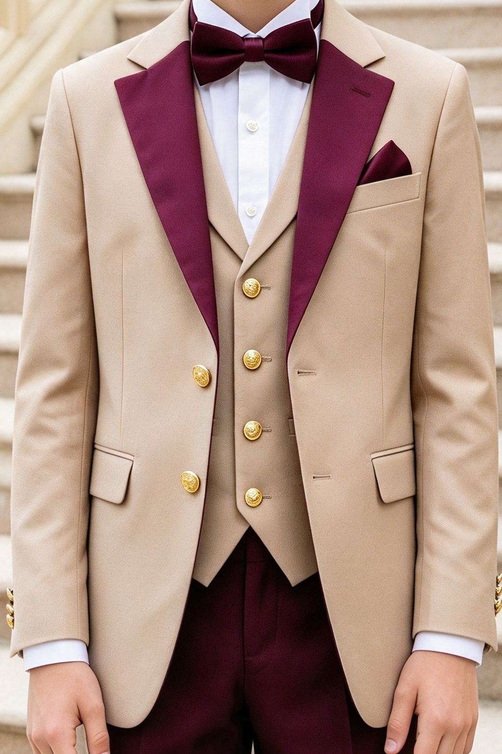 Beige & Burgundy Lapel Boys Tuxedo 3-Piece Suit