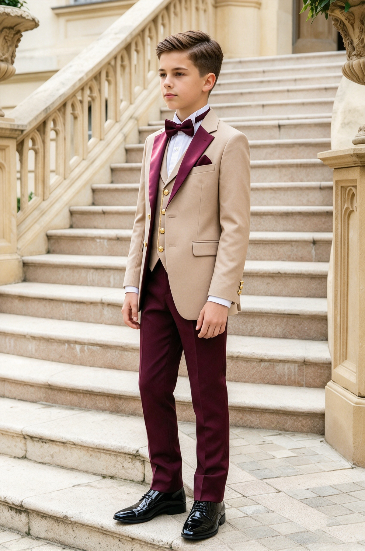 Beige & Burgundy Lapel Boys Tuxedo 3-Piece Suit