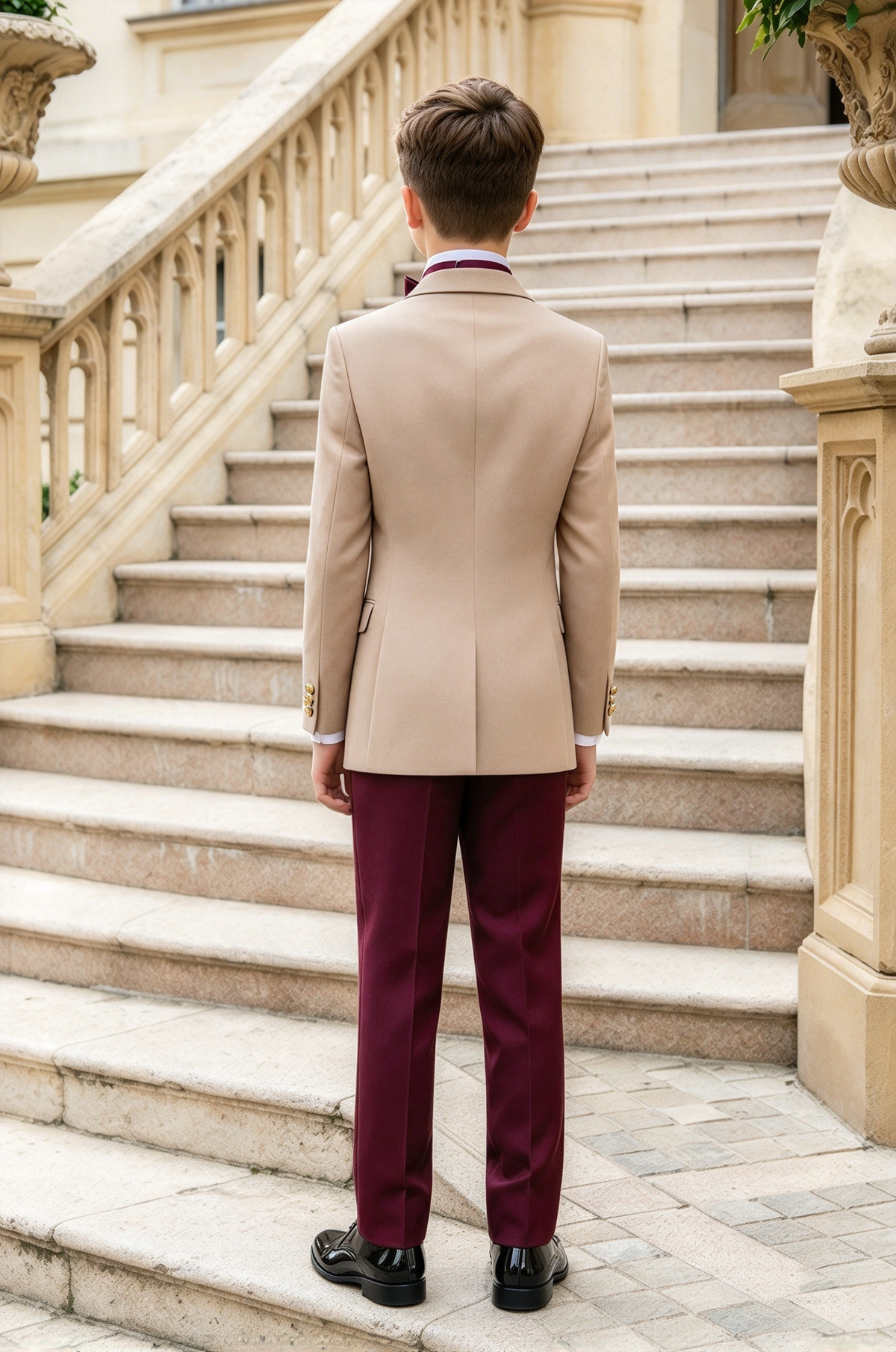 Beige & Burgundy Lapel Boys Tuxedo 3-Piece Suit