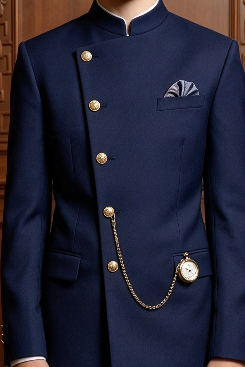 Navy Mandarin Collar Boys Gold Button Formal 2-Piece Suit