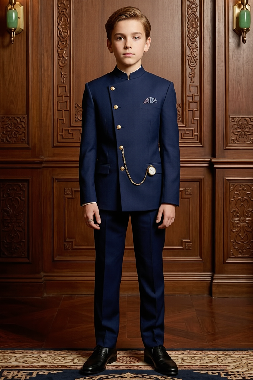 Navy Mandarin Collar Boys Gold Button Formal 2-Piece Suit