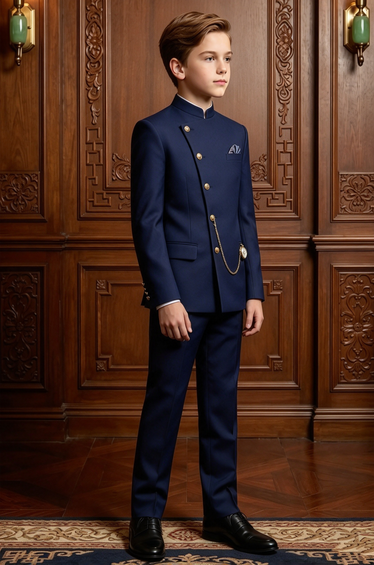 Navy Mandarin Collar Boys Gold Button Formal 2-Piece Suit