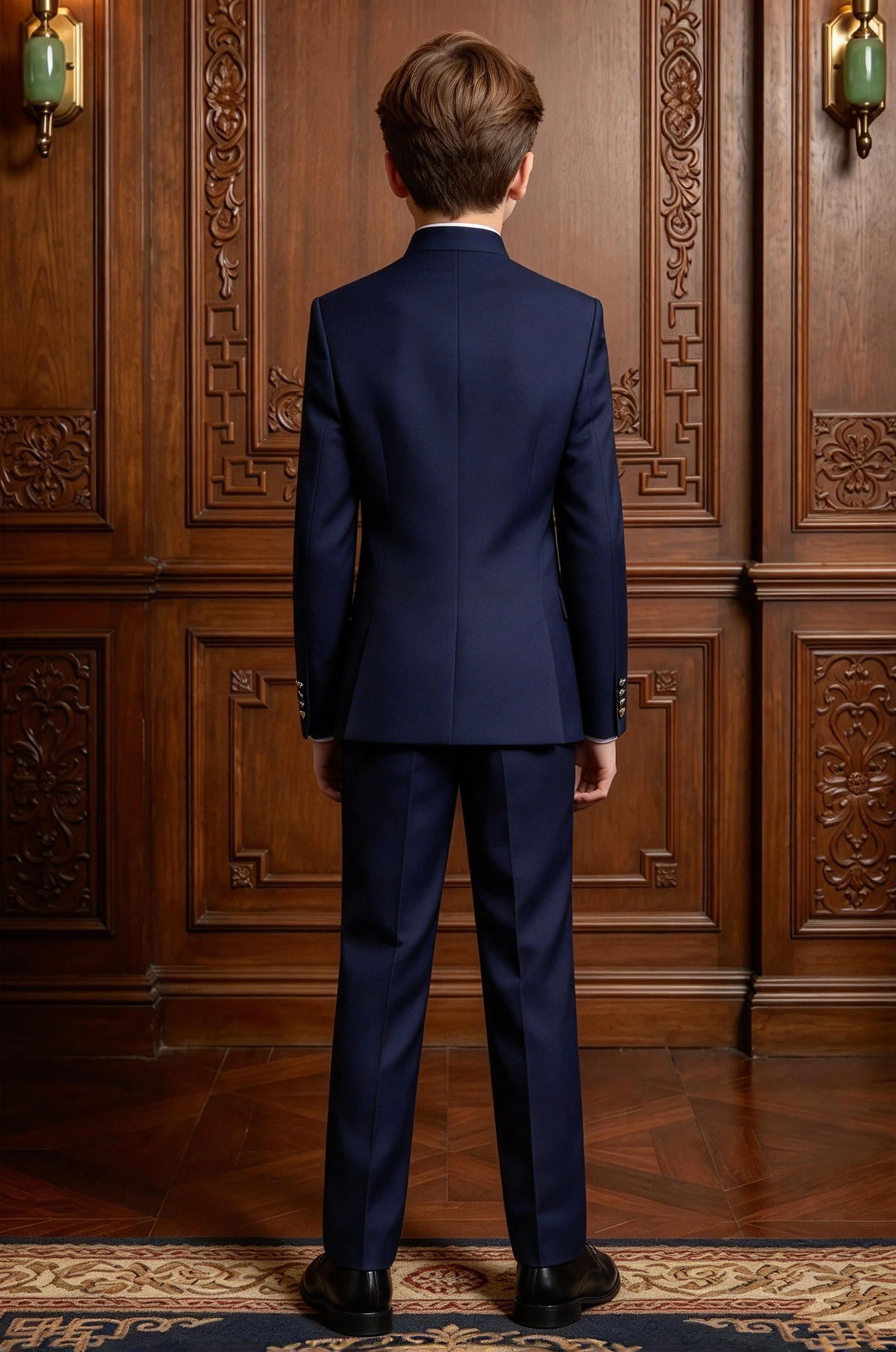 Navy Mandarin Collar Boys Gold Button Formal 2-Piece Suit