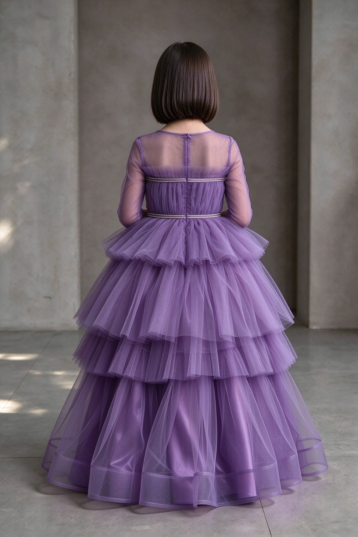 Purple Long Sleeve Tiered Tulle Cake A-Line Formal Dress