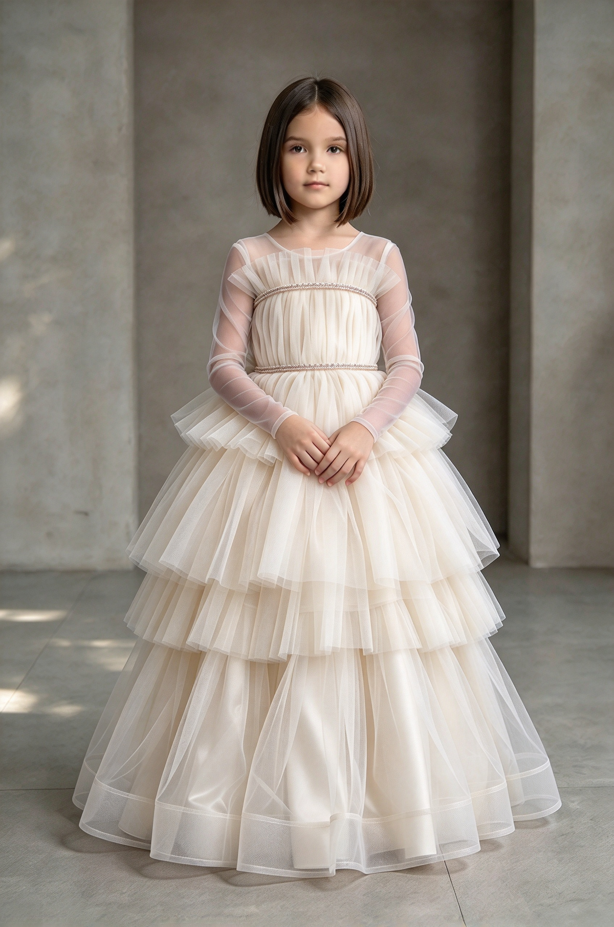 Purple Long Sleeve Tiered Tulle Cake A-Line Formal Dress