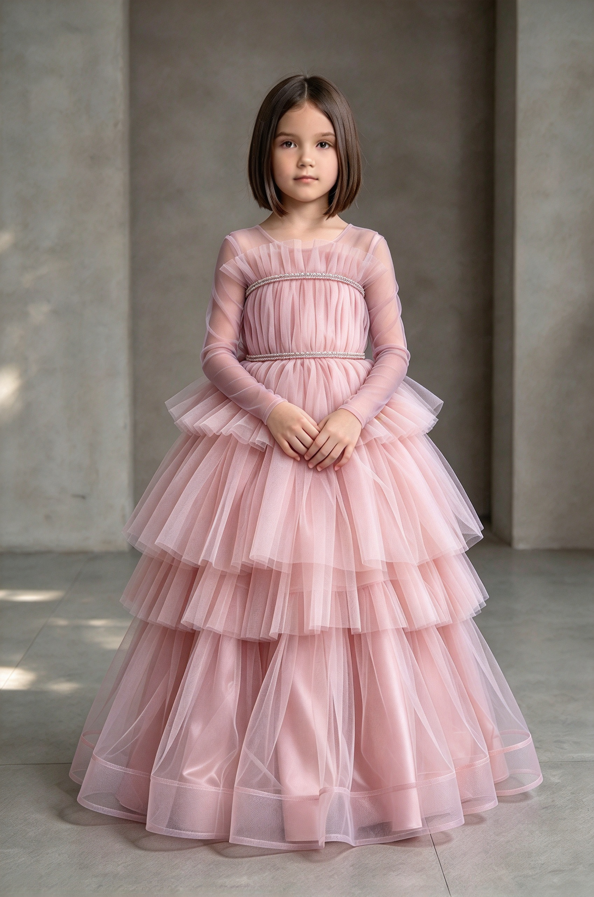 Purple Long Sleeve Tiered Tulle Cake A-Line Formal Dress