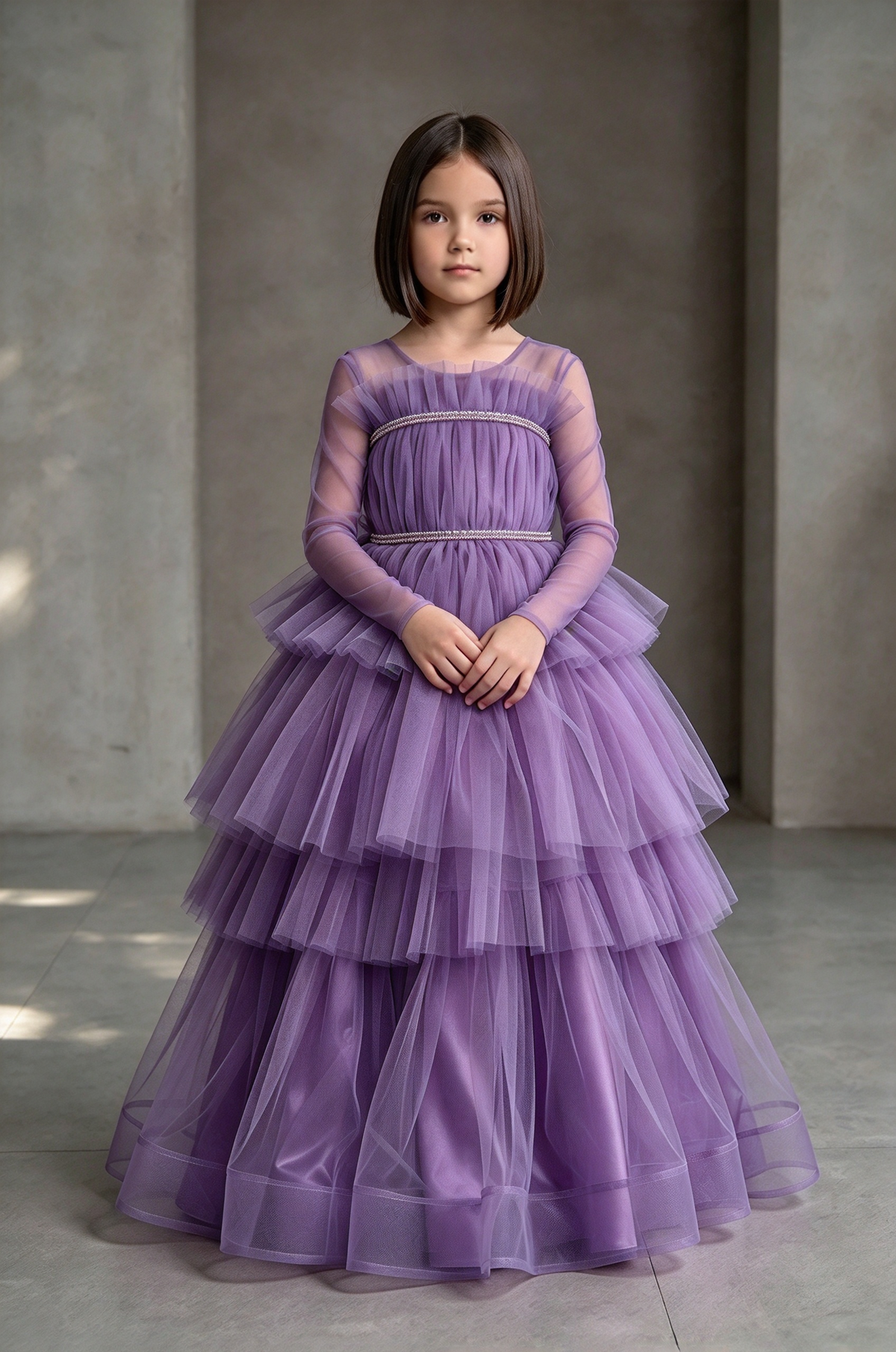 Purple Long Sleeve Tiered Tulle Cake A-Line Formal Dress