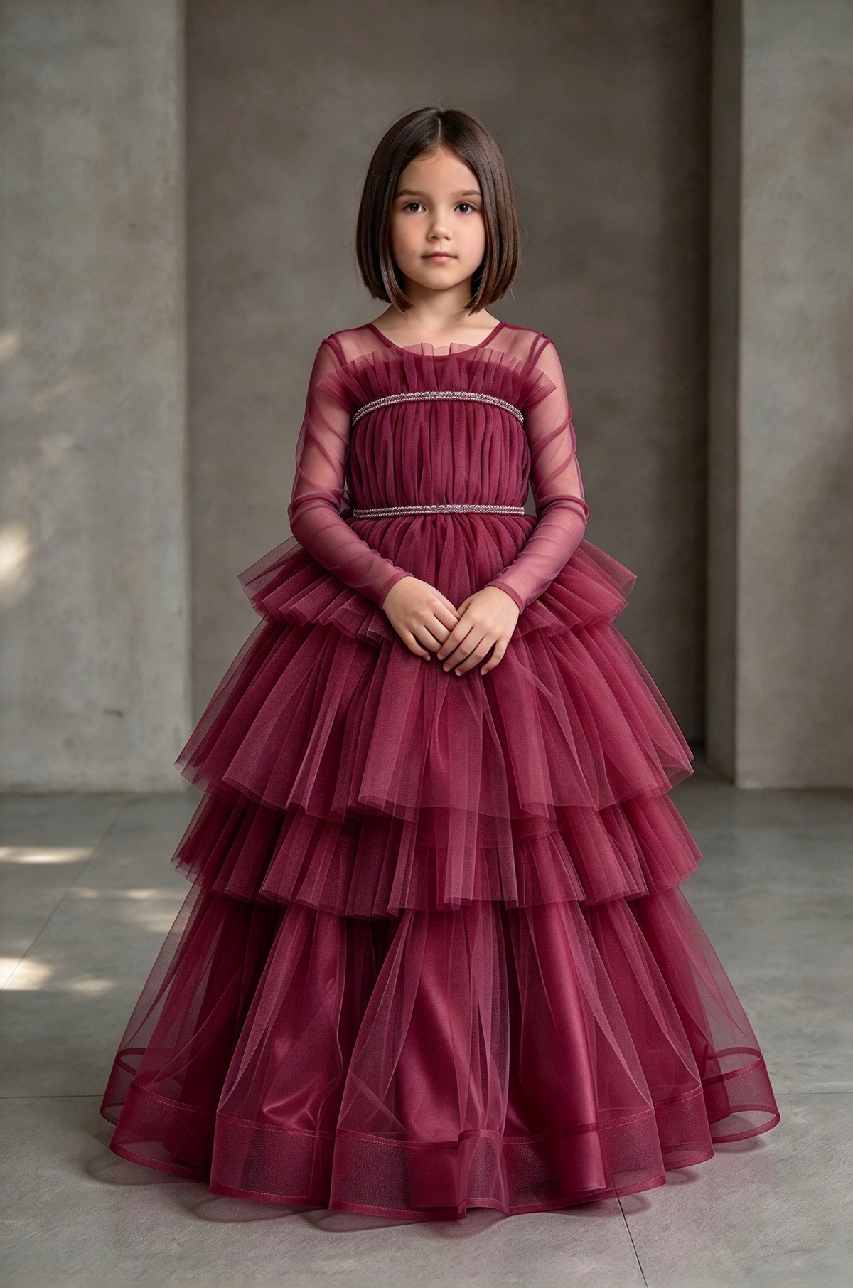 Purple Long Sleeve Tiered Tulle Cake A-Line Formal Dress