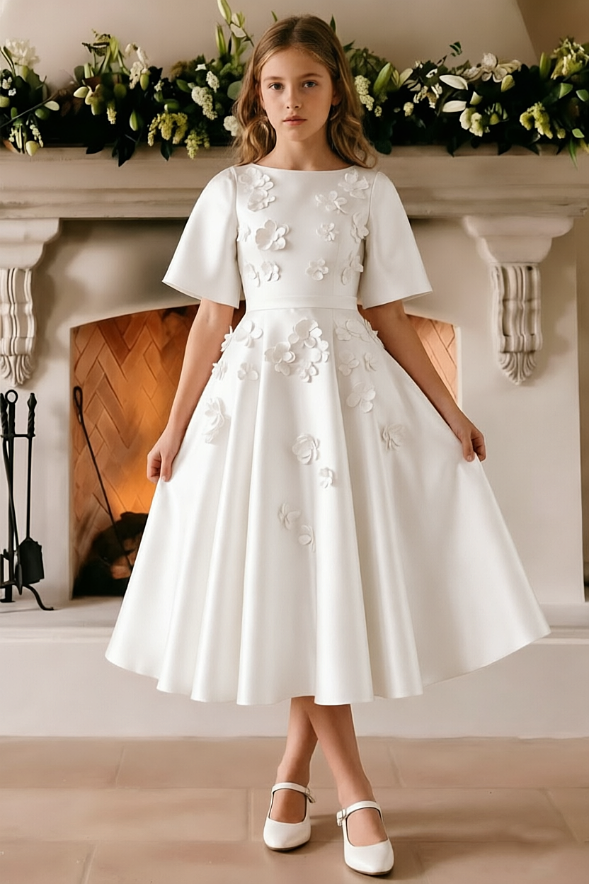 Pink Satin 3D Floral Short Sleeve A-Line Formal Dress