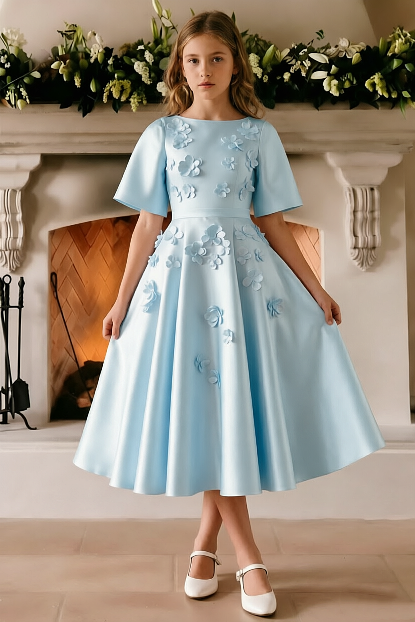 Pink Satin 3D Floral Short Sleeve A-Line Formal Dress