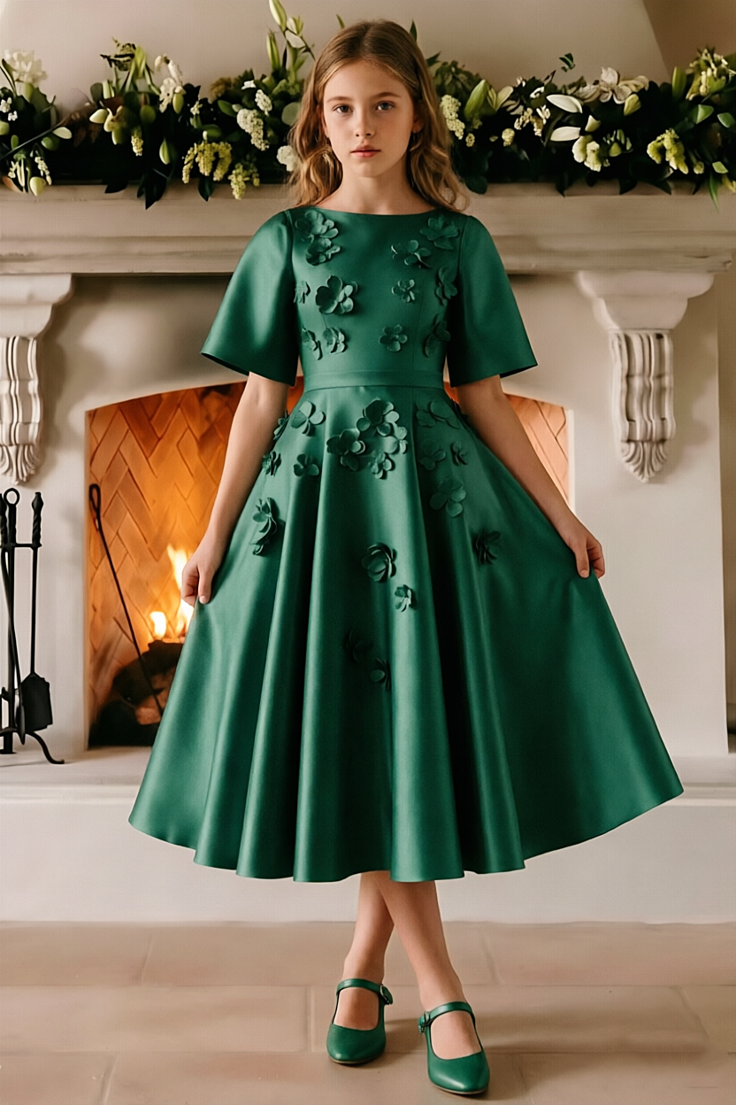Pink Satin 3D Floral Short Sleeve A-Line Formal Dress