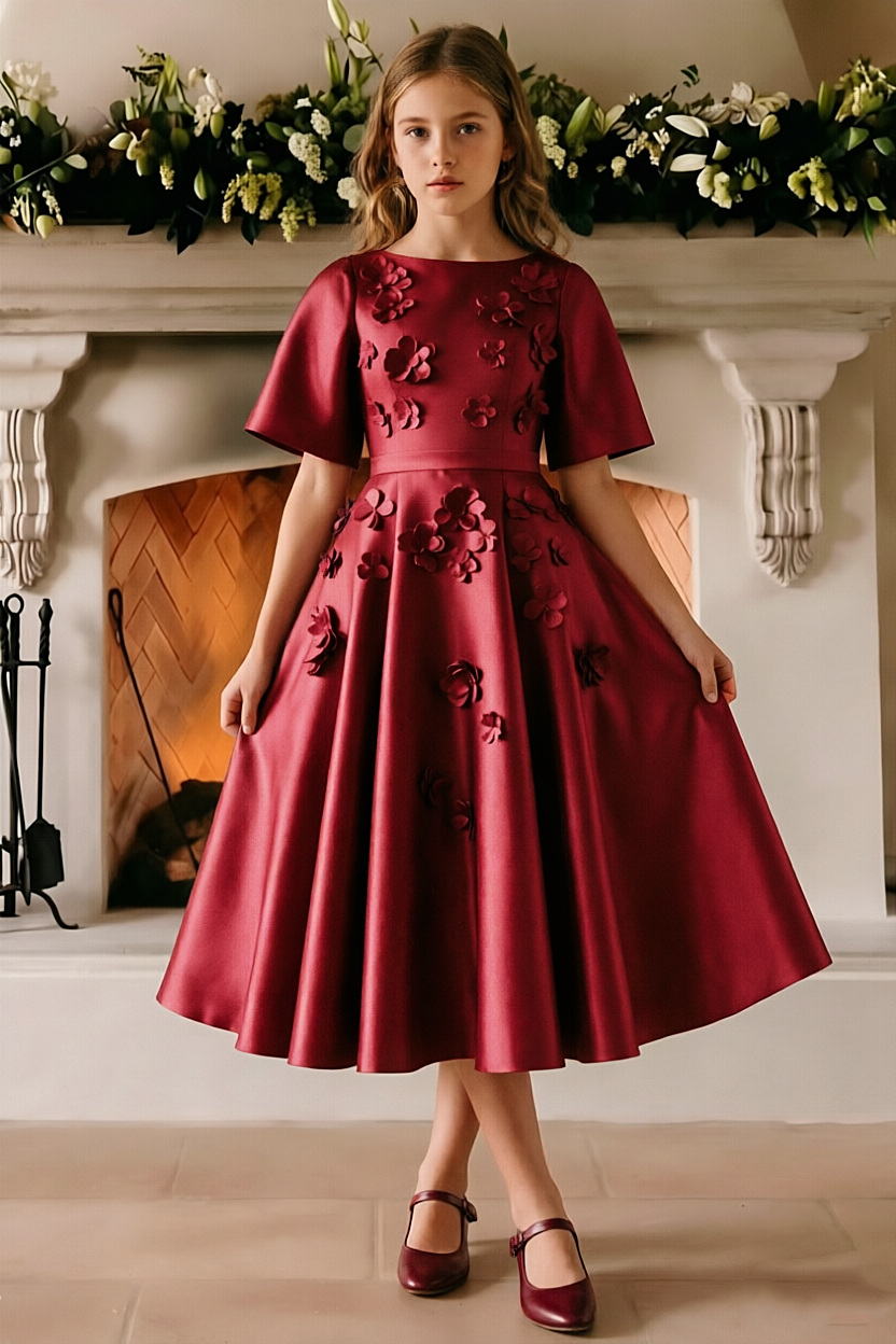 Pink Satin 3D Floral Short Sleeve A-Line Formal Dress
