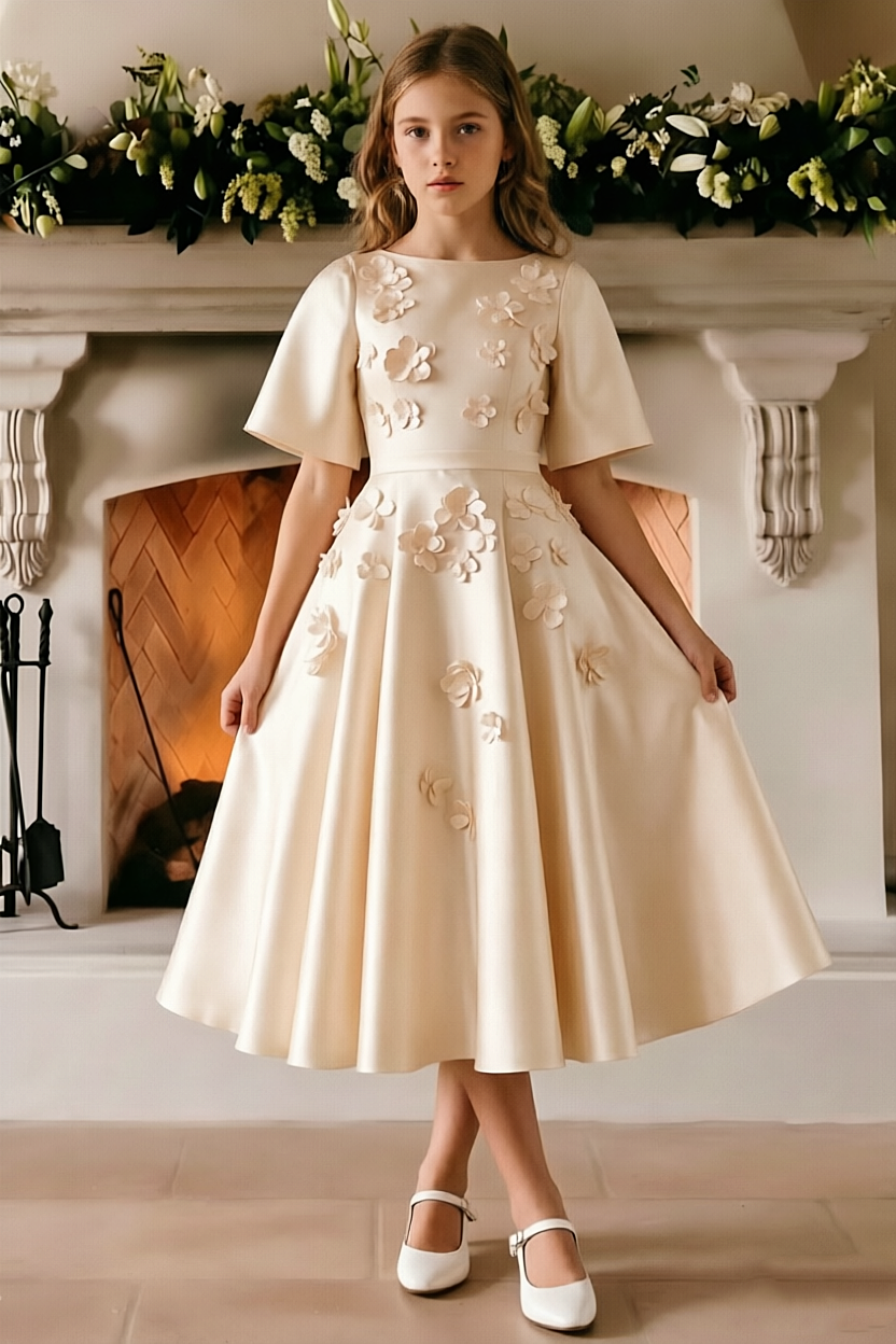 Pink Satin 3D Floral Short Sleeve A-Line Formal Dress