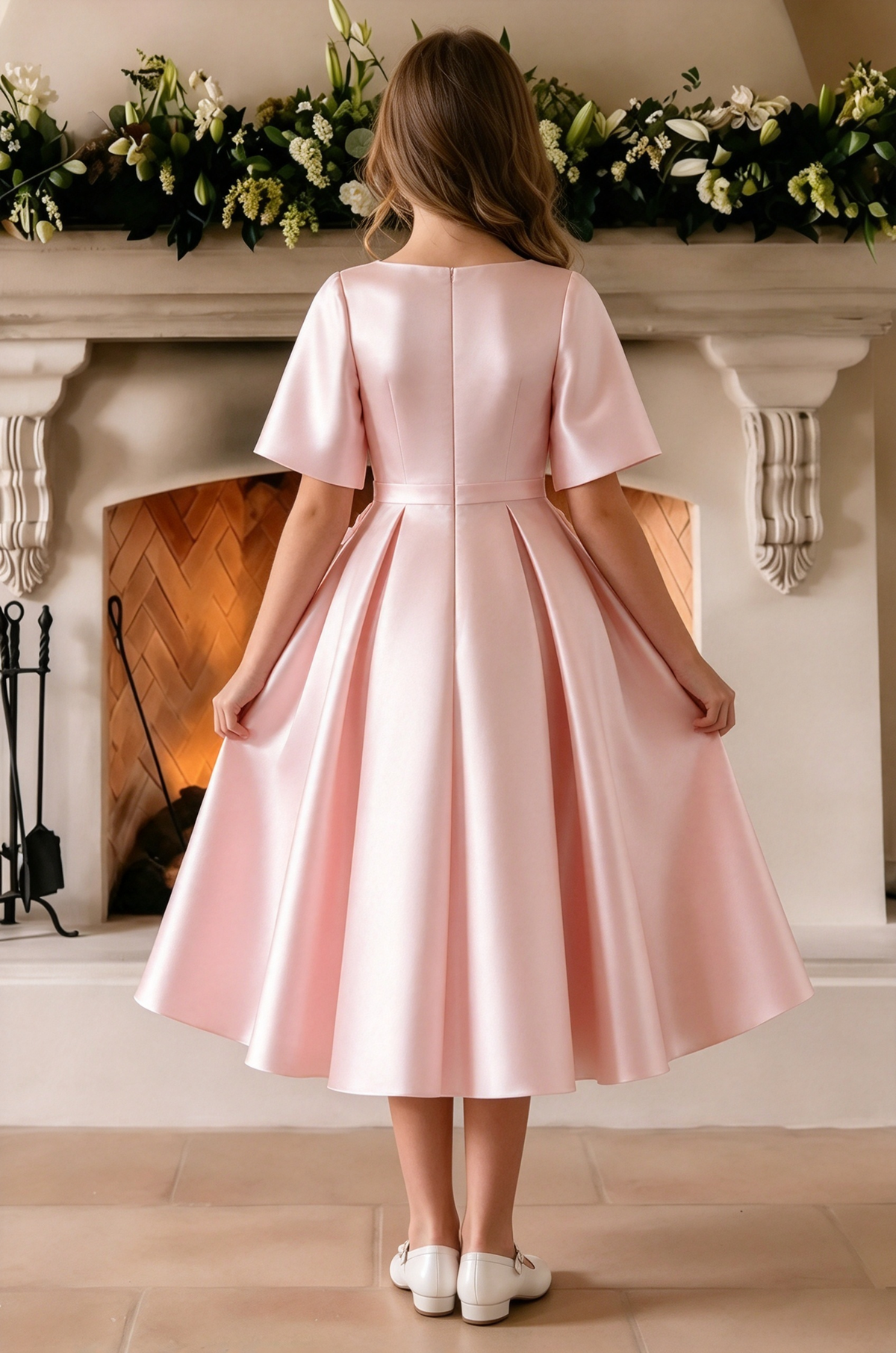 Pink Satin 3D Floral Short Sleeve A-Line Formal Dress