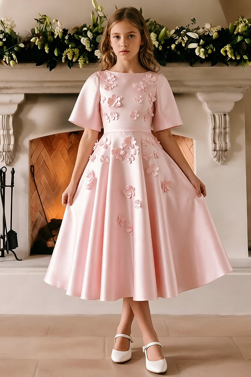 Pink Satin 3D Floral Short Sleeve A-Line Formal Dress