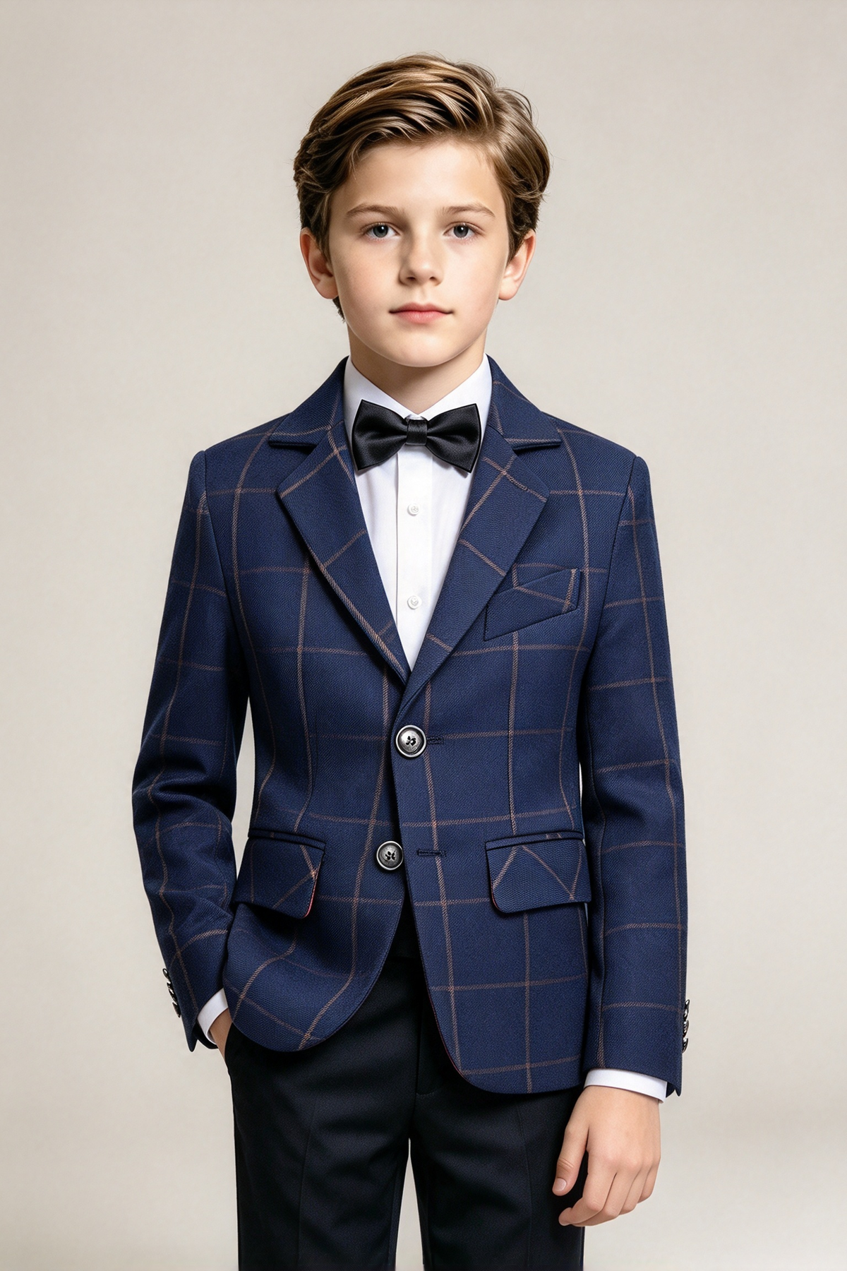 Dark Blue Large Plaid Single Breasted Boys Formal Blazer