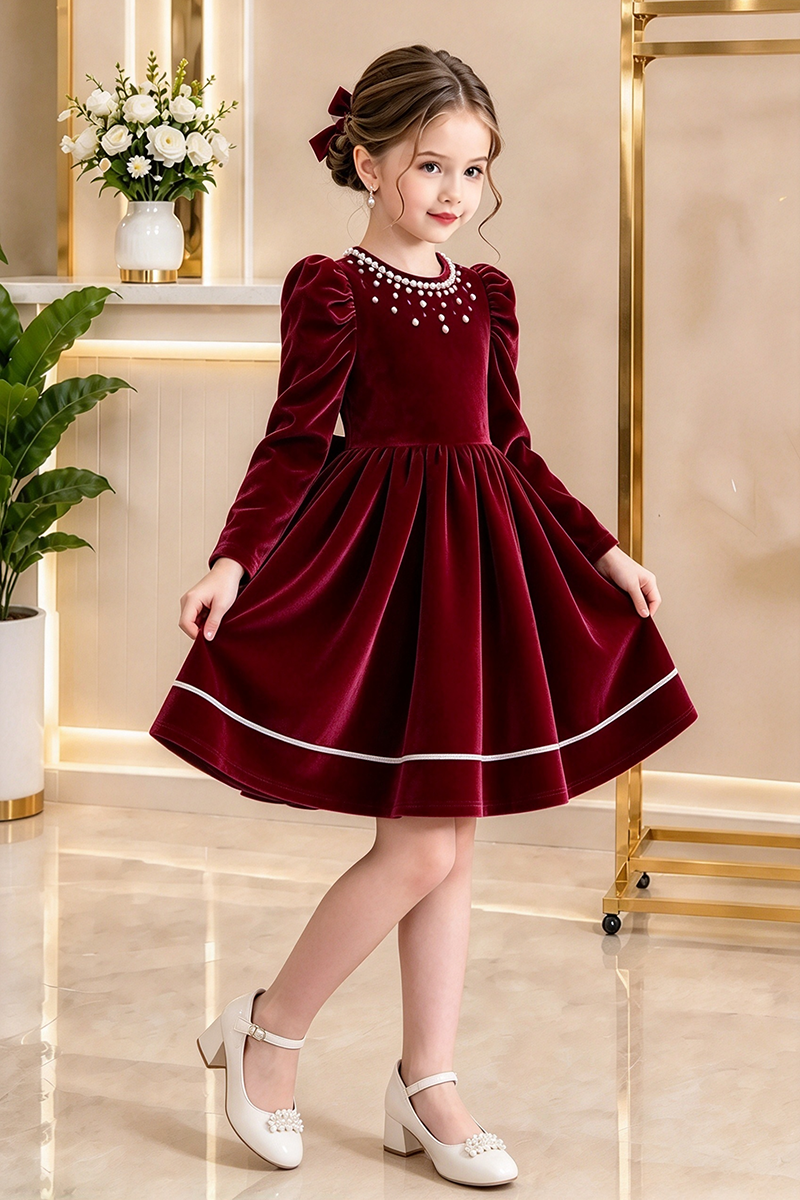 Girls Burgundy Velvet Dress for Weddings