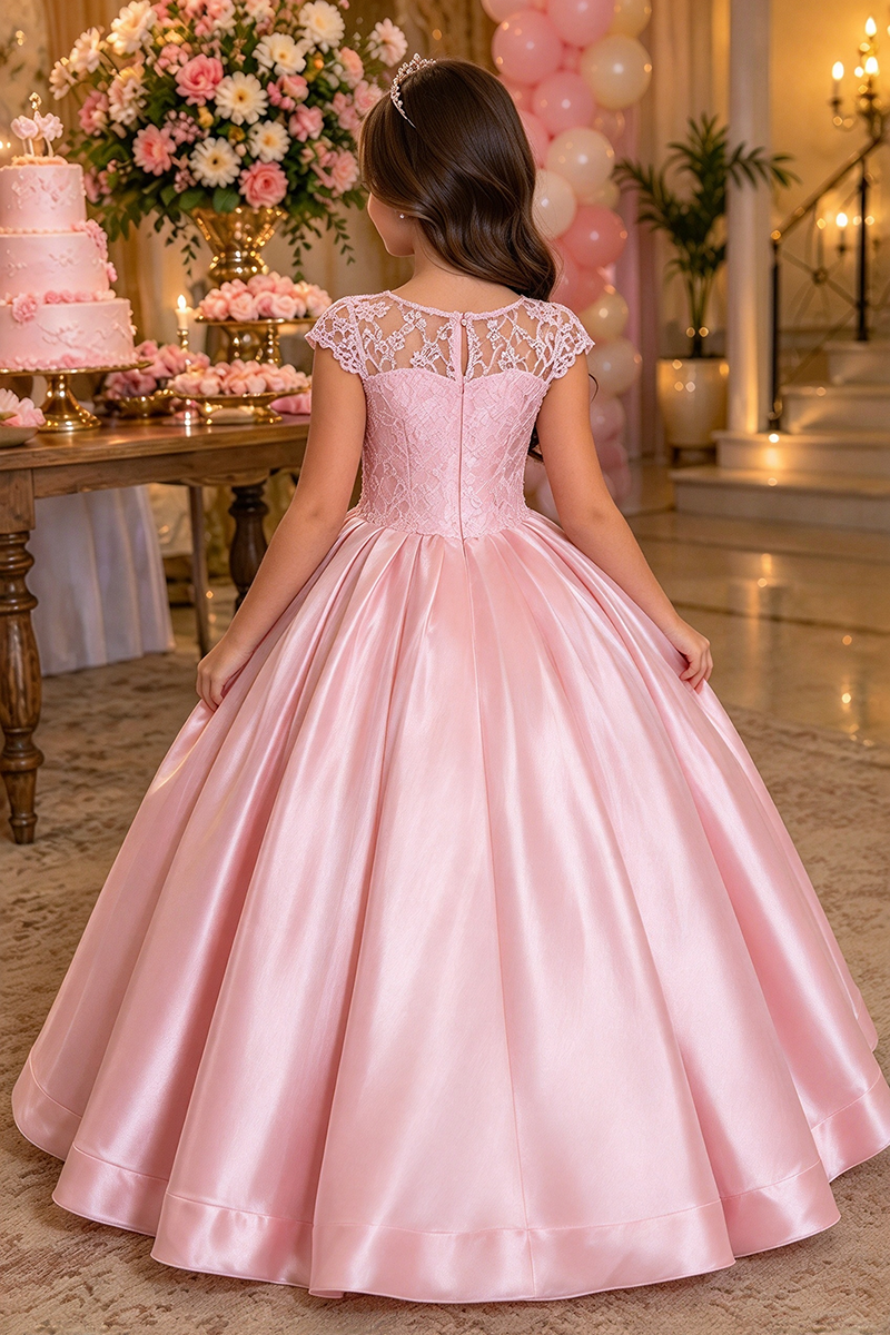 Girls Pink Satin Lace Dress with Sheer Neckline