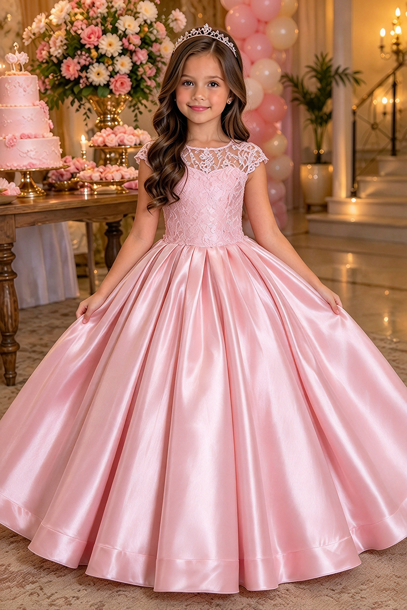 Girls Pink Satin Lace Dress with Sheer Neckline