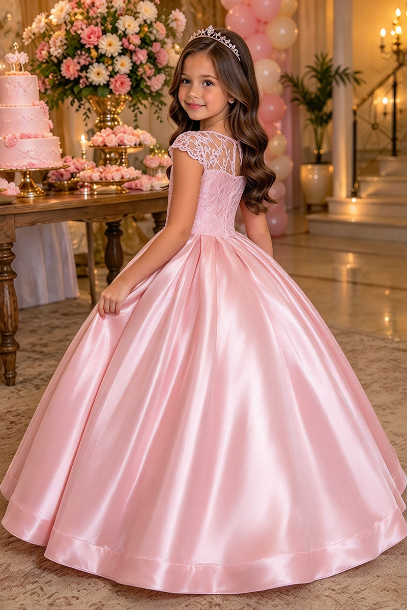 Girls Pink Satin Lace Dress with Sheer Neckline
