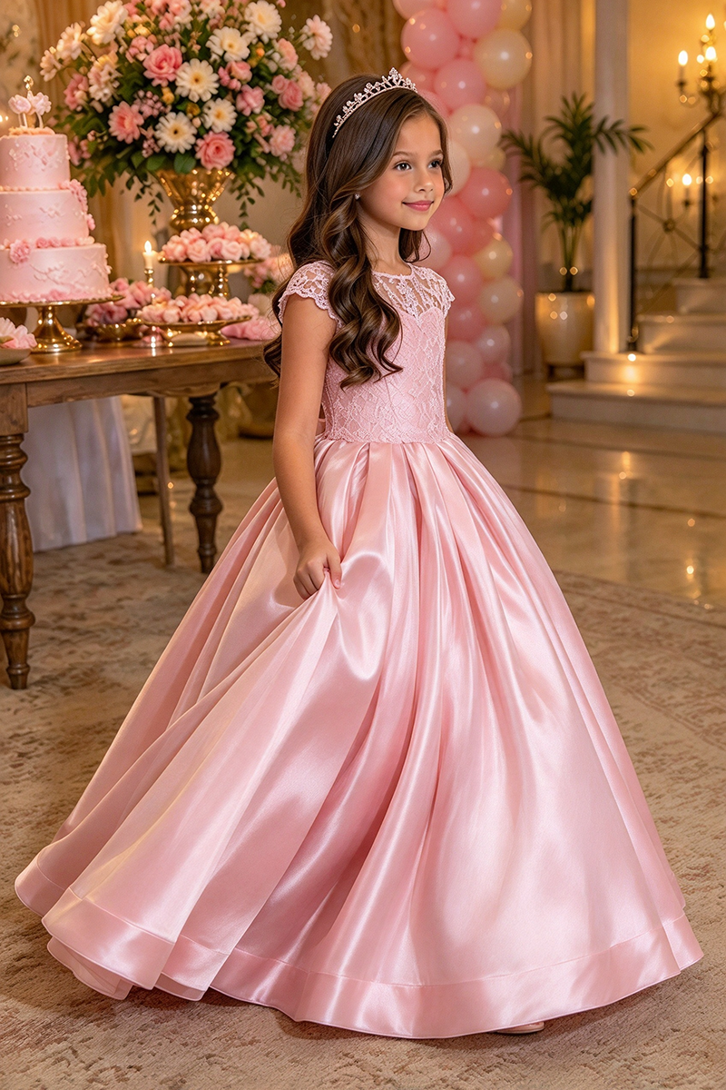 Girls Pink Satin Lace Dress with Sheer Neckline