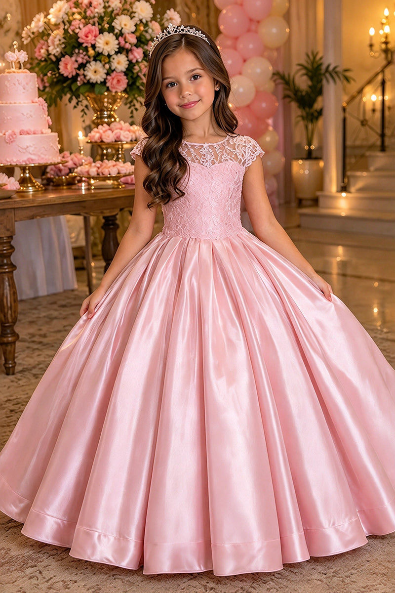 Girls Pink Satin Lace Dress with Sheer Neckline